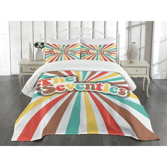 Ambesonne Colorful Quilted Bedspread Set 3 Pcs, Seventies Retro, Queen Size, Multicolor
