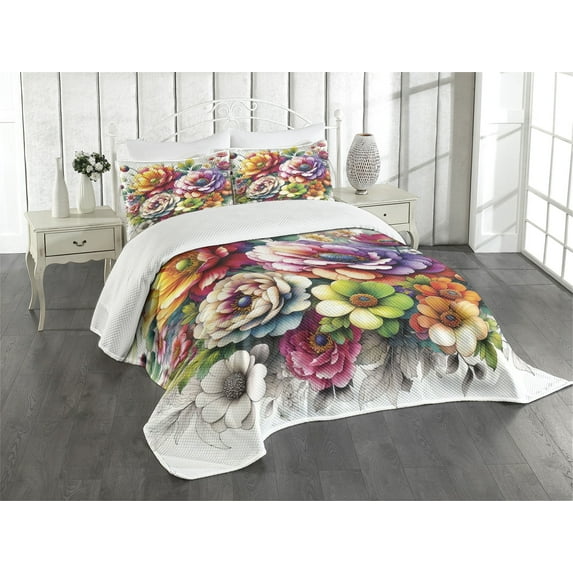 Ambesonne Colorful Quilted Bedspread Set 3 Pcs, Spring Peony Flowers Boho, King Size, White Lime Green Lilac