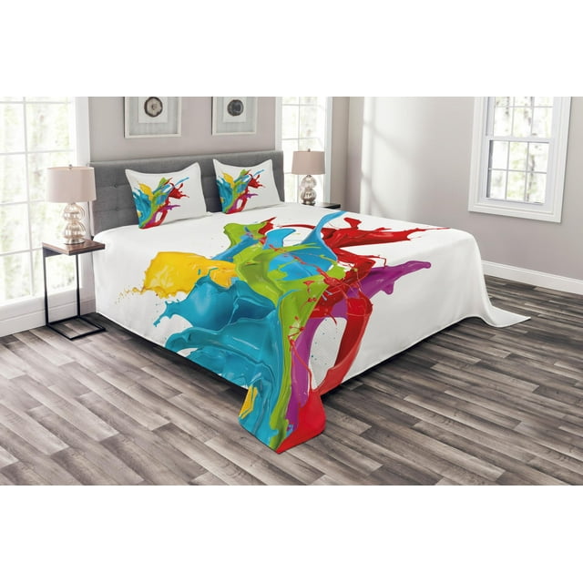 Ambesonne Colorful Quilted Bedspread Set 3 Pcs, Surreal Digital Paint, King Size, Multicolor