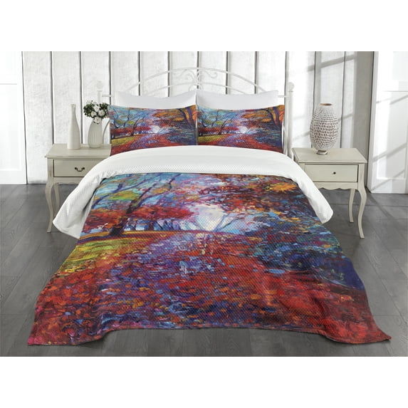 Ambesonne Colorful Quilted Bedspread Set 3 Pcs, Trees Park Fall Autumn, Queen Size, Multicolor