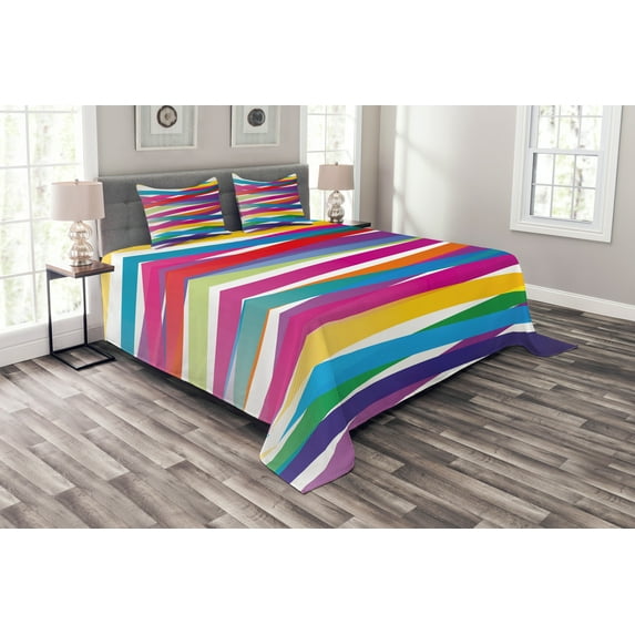 Ambesonne Colorful Quilted Bedspread Set 3 Pcs, Vibrant Ribbon Design, King Size, Multicolor