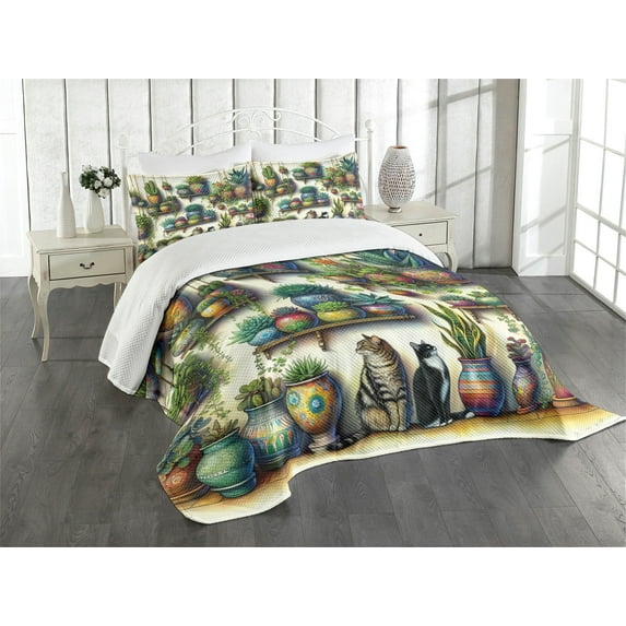 Ambesonne Colorful Quilted Bedspread Set 3 Pcs, Vintage Botany Boho Leaves, Queen Size, Beige Fern Green Teal