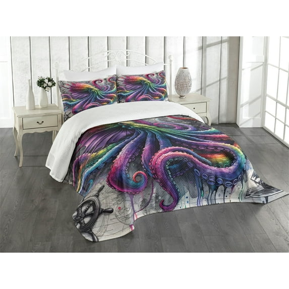 Ambesonne Colorful Quilted Bedspread Set 3 Pcs, Vintage Marine Kraken Rave, Queen Size, Purple Turquoise Grey