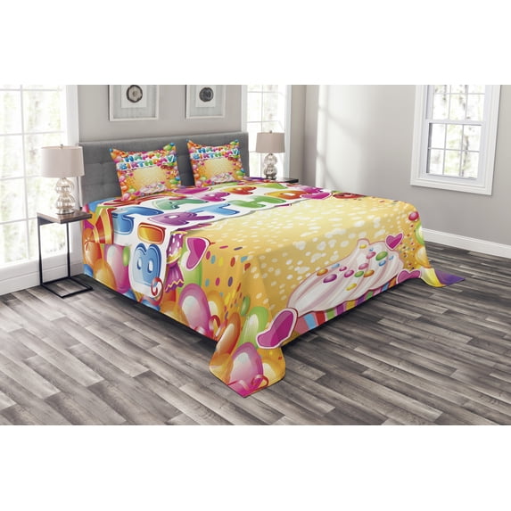Ambesonne Colorful Quilted Bedspread Set 3 Pcs, Vivid Balloons Cupcake, King Size, Multicolor