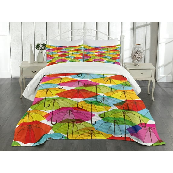 Ambesonne Colorful Quilted Bedspread Set 3 Pcs, Vivid Umbrella, King Size, Multicolor