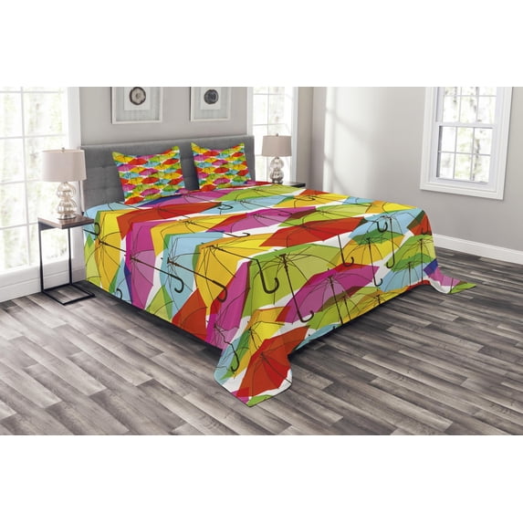 Ambesonne Colorful Quilted Bedspread Set 3 Pcs, Vivid Umbrella, Queen Size, Multicolor