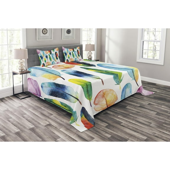 Ambesonne Colorful Quilted Bedspread Set 3 Pcs, Watercolor Abstract Boho, King Size, White and Multicolor