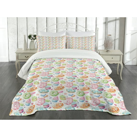 Ambesonne Colorful Quilted Bedspread Set 3 Pcs, Watercolor Sweets, King Size, Multicolor