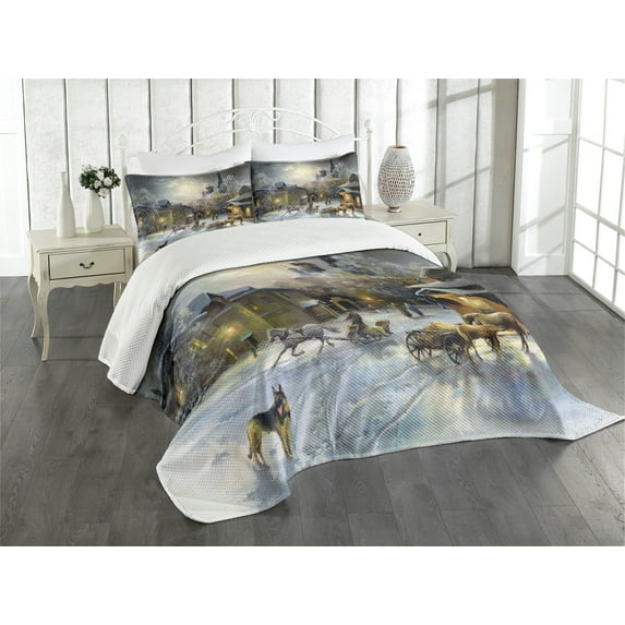 Ambesonne Colorful Quilted Bedspread Set 3 Pcs, Winter Rural Landscape, King Size, Multicolor