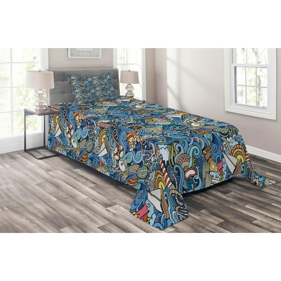 Ambesonne Colorful Quilted Coverlet 2 Pcs, Abstract Sea Shells, Twin Size, Blue Multicolor