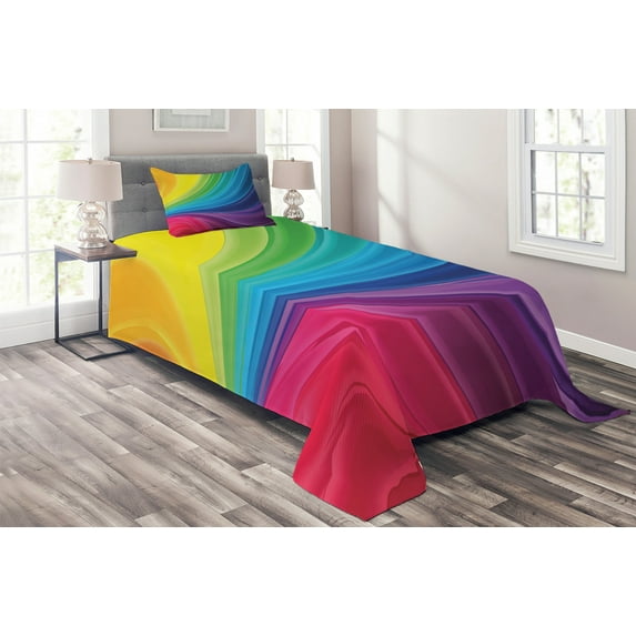 Ambesonne Colorful Quilted Coverlet 2 Pcs, Abstract Smooth Lines, Twin Size, Multicolor