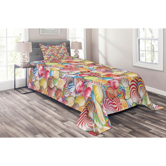 Ambesonne Colorful Quilted Coverlet 2 Pcs, Candy Store, Twin Size, Multicolor