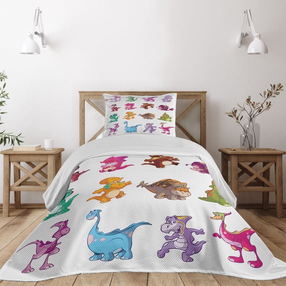 Ambesonne Colorful Quilted Coverlet 2 Pcs, Dinosaurs Extinction, Twin Size, Multicolor
