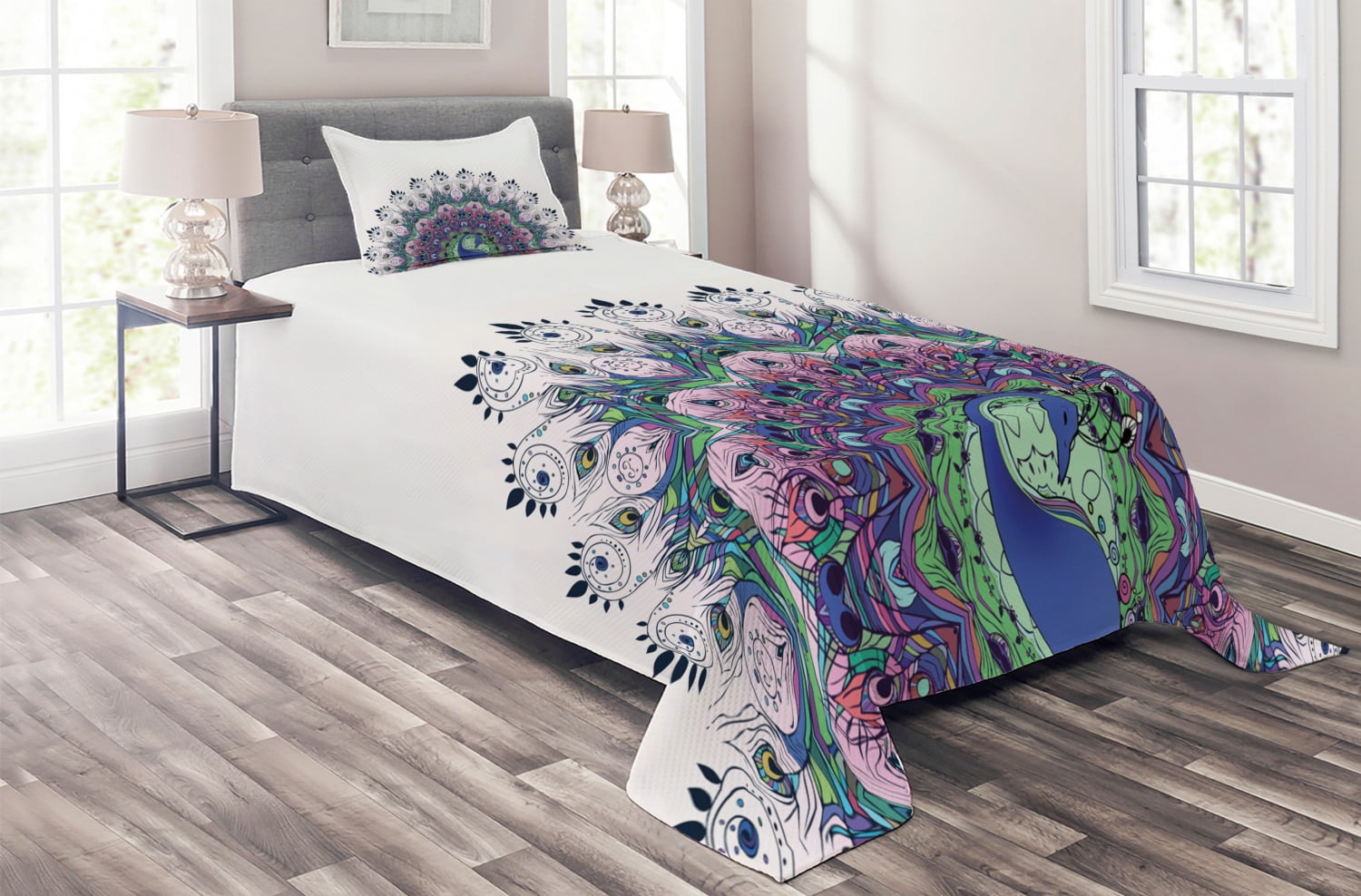 Twin White Quilted Bedspread Set with Peacock Design