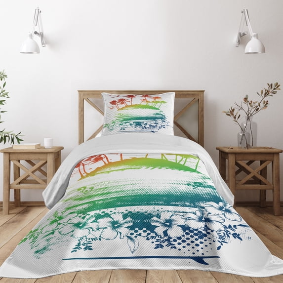 Ambesonne Colorful Quilted Coverlet 2 Pcs, Grunge Summer Scenery, Twin Size, Multicolor