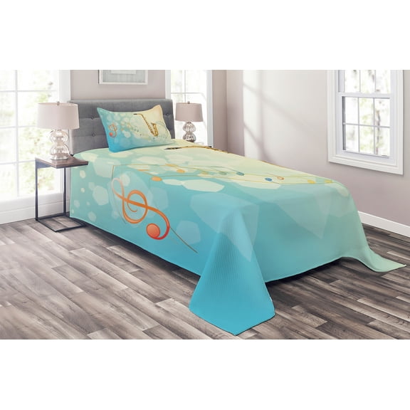 Ambesonne Colorful Quilted Coverlet 2 Pcs, Musical Notes Vibes, Twin Size, Multicolor