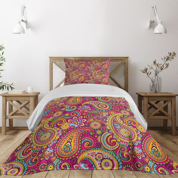 Ambesonne Colorful Quilted Coverlet 2 Pcs, Paisley Eastern, Twin Size, Multicolor
