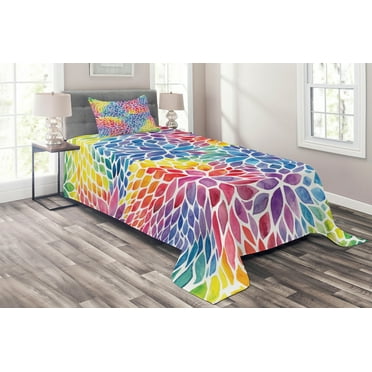Ambesonne Colorful Quilted Coverlet 2 Pcs, Rainbow Colored Leaves, Twin Size, Multicolor