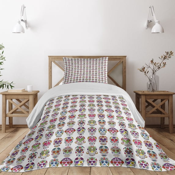 Ambesonne Colorful Quilted Coverlet 2 Pcs, Skulls with Flowers, Twin Size, Multicolor