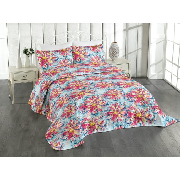 Ambesonne Colorful Quilted Coverlet 2 Pcs, Summer Fun Flowers Dots, Twin Size, Hot Pink Blue and Mustard
