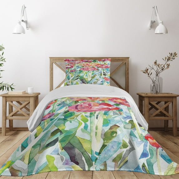 Ambesonne Colorful Quilted Coverlet 2 Pcs, Summer Spring, Twin Size, Multicolor