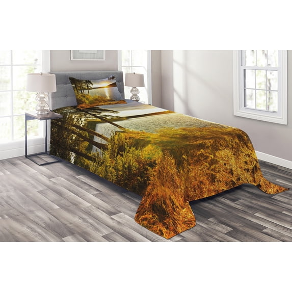 Ambesonne Colorful Quilted Coverlet 2 Pcs, Sunset Forest Canada, Twin Size, Multicolor