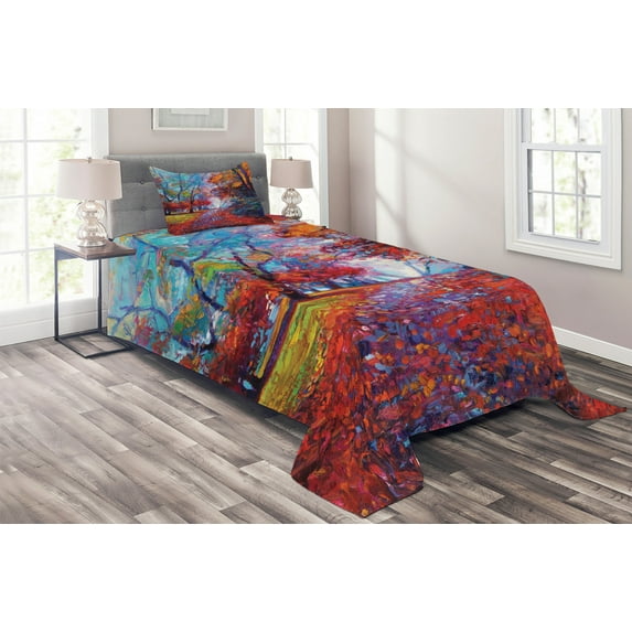 Ambesonne Colorful Quilted Coverlet 2 Pcs, Trees Park Fall Autumn, Twin Size, Multicolor