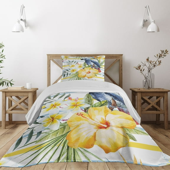 Ambesonne Colorful Quilted Coverlet 2 Pcs, Tropic Exotic Parrots, Twin Size, Multicolor