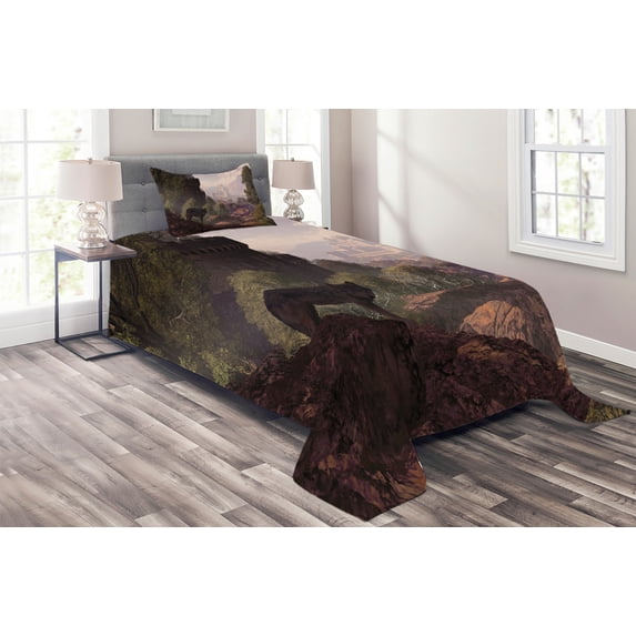 Ambesonne Colorful Quilted Coverlet 2 Pcs, Wolf in Woods Scenery, Twin Size, Brown Army Green Rose