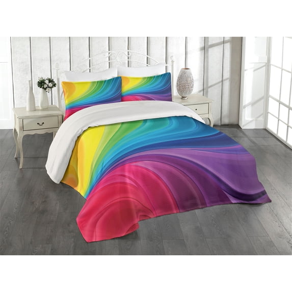 Ambesonne Colorful Quilted Coverlet 3 Pcs, Abstract Smooth Lines, King Size, Multicolor
