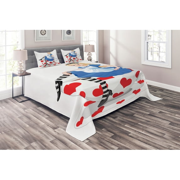 Ambesonne Colorful Quilted Coverlet 3 Pcs, Alice with Cup, Queen Size, Multicolor
