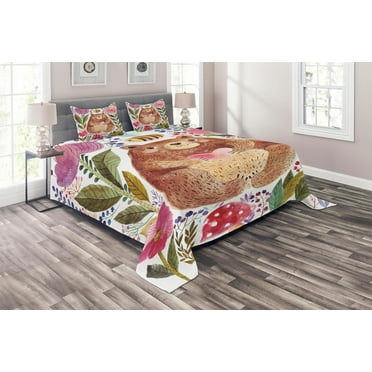 Ambesonne Colorful Quilted Coverlet 3 Pcs, Bear with Flowers, King Size, Multicolor