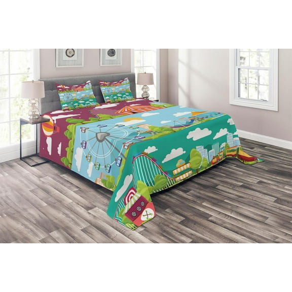 Ambesonne Colorful Quilted Coverlet 3 Pcs, Carousels Slide Swings, King Size, Multicolor