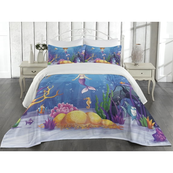 Ambesonne Colorful Quilted Coverlet 3 Pcs, Cartoon Mermaid Fish, Queen Size, Multicolor
