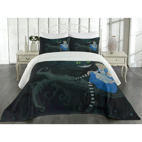 Ambesonne Colorful Quilted Coverlet 3 Pcs, Cheshire Cat in Forest, King Size, Multicolor