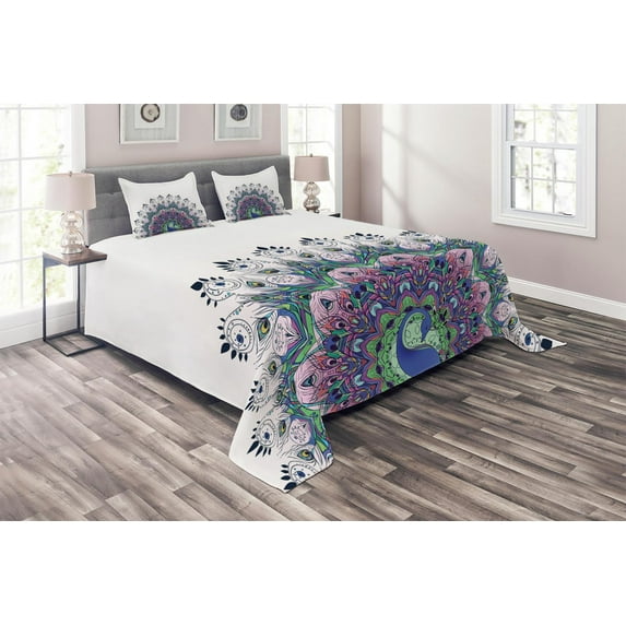 Ambesonne Colorful Quilted Coverlet 3 Pcs, Exotic Wild Peacock, King Size, Violet Blue Green Pink