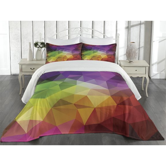 Ambesonne Colorful Quilted Coverlet 3 Pcs, Geometry Shape Polygon, Queen Size, Multicolor