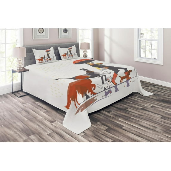 Ambesonne Colorful Quilted Coverlet 3 Pcs, Girl with Dogs in Rain, King Size, Multicolor