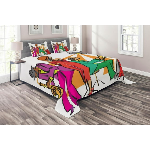 Ambesonne Colorful Quilted Coverlet 3 Pcs, Jazz Band on Stage, King Size, Multicolor