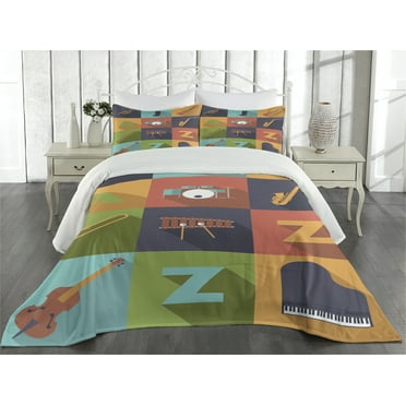 Ambesonne Colorful Quilted Coverlet 3 Pcs, Jazz Equipment Music, King Size, Multicolor