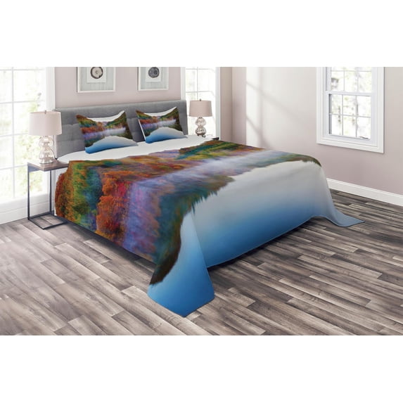 Ambesonne Colorful Quilted Coverlet 3 Pcs, Lake Mountain Scenery, King Size, Multicolor