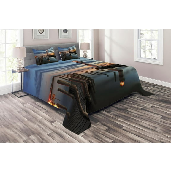 Ambesonne Colorful Quilted Coverlet 3 Pcs, Lighthouse Calm Dusk, Queen Size, Multicolor