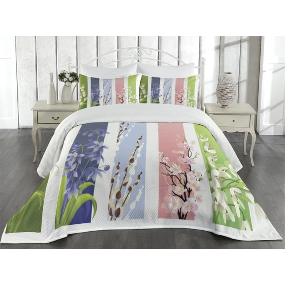 Ambesonne Colorful Quilted Coverlet 3 Pcs, Lily Primrose Valley, King Size, Multicolor