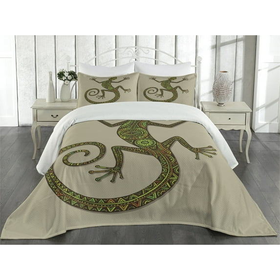 Ambesonne Colorful Quilted Coverlet 3 Pcs, Lizard Pattern, Queen Size, Green Tan