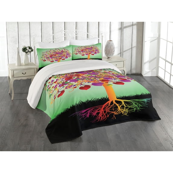 Ambesonne Colorful Quilted Coverlet 3 Pcs, Magic Love Tree Heart, King Size, Multicolor