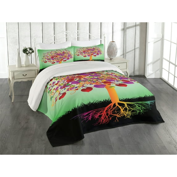 Ambesonne Colorful Quilted Coverlet 3 Pcs, Magic Love Tree Heart, Queen Size, Multicolor
