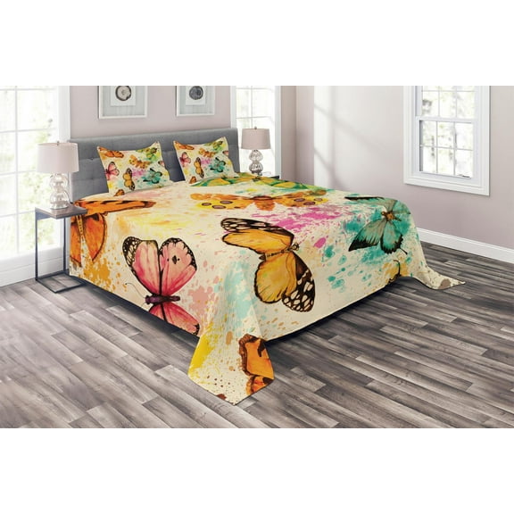 Ambesonne Colorful Quilted Coverlet 3 Pcs, Murky Grungy Butterfly, King Size, Multicolor