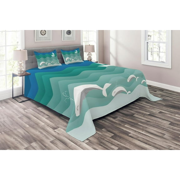 Ambesonne Colorful Quilted Coverlet 3 Pcs, Nautical Paper Boat, King Size, Blue Sea Green White