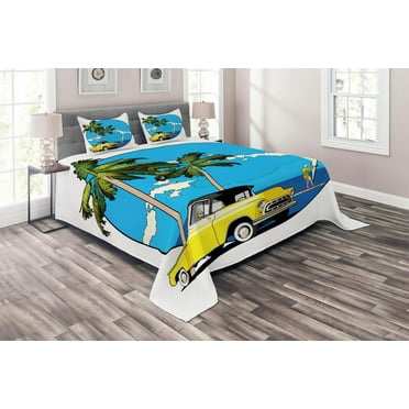 Ambesonne Colorful Quilted Coverlet 3 Pcs, Nostalgic Chevy Car, Queen Size, Multicolor
