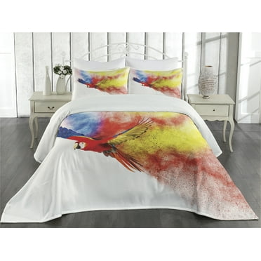 Ambesonne Colorful Quilted Coverlet 3 Pcs, Parrot with Feathers, King Size, Multicolor